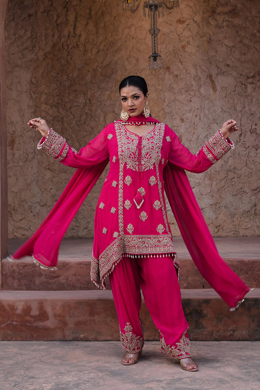 Rani Pink Georgette Beads Work Kurta Palazzo Set