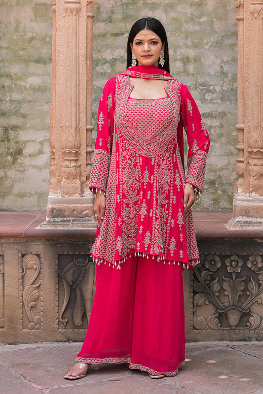 Rani Pink Georgette Beads Work Kurta Palazzo Set