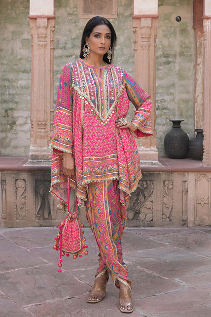 Rani Pink Viscose Crepe Suit Set with Tulip Pants – Festive Glamor