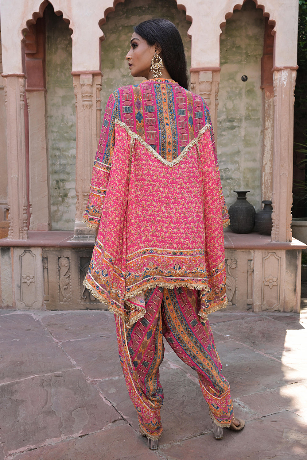 Rani Pink Viscose Crepe Suit Set with Tulip Pants – Festive Glamor