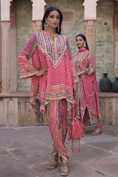 Rani Pink Viscose Crepe Suit Set with Tulip Pants – Festive Glamor