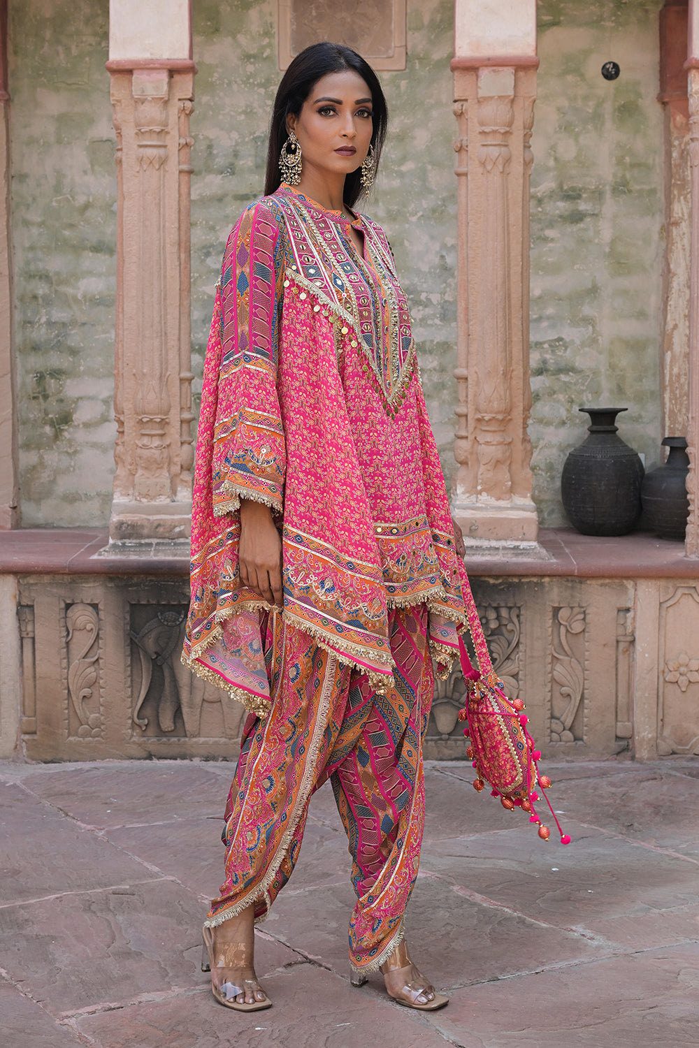 Rani Pink Viscose Crepe Suit Set with Tulip Pants – Festive Glamor