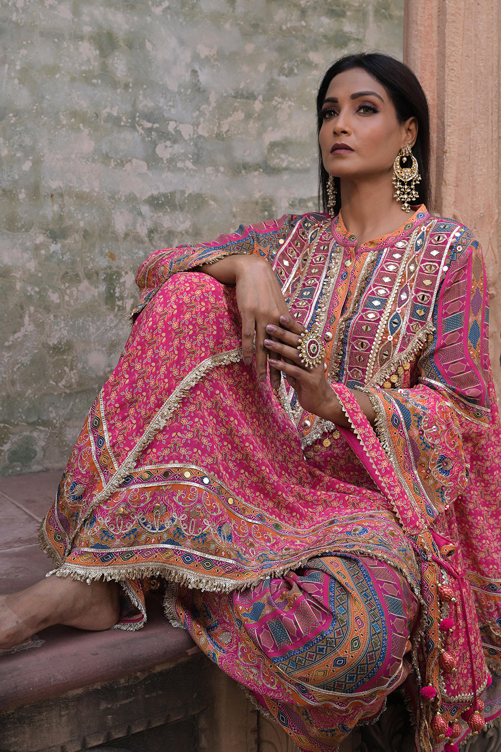 Rani Pink Viscose Crepe Suit Set with Tulip Pants – Festive Glamor