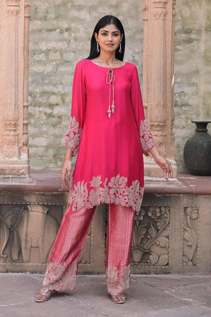 Rani Red Brocade Kurti Pant Set Elegant Party Outfit