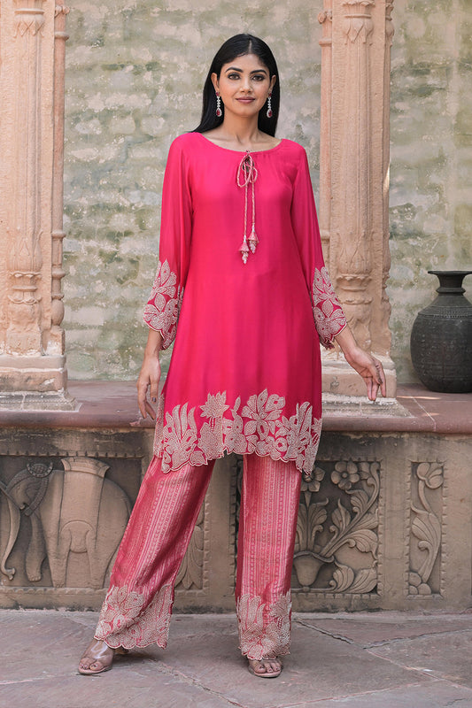 Rani Red Brocade Kurti Pant Set Elegant Party Outfit