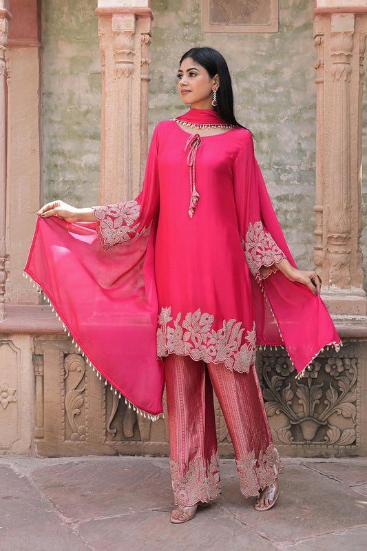 Rani Red Brocade Kurti Pant Set Elegant Party Outfit