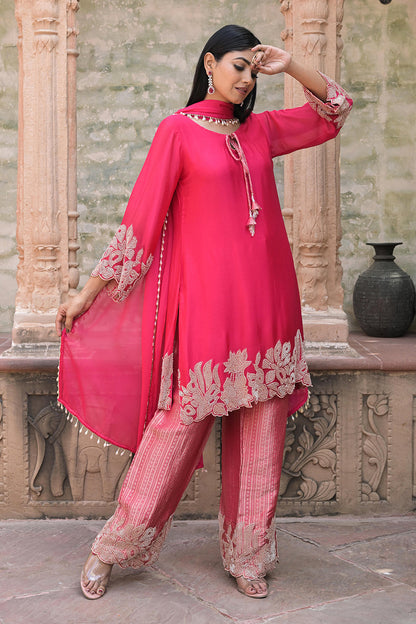 Rani Red Brocade Kurti Pant Set Elegant Party Outfit
