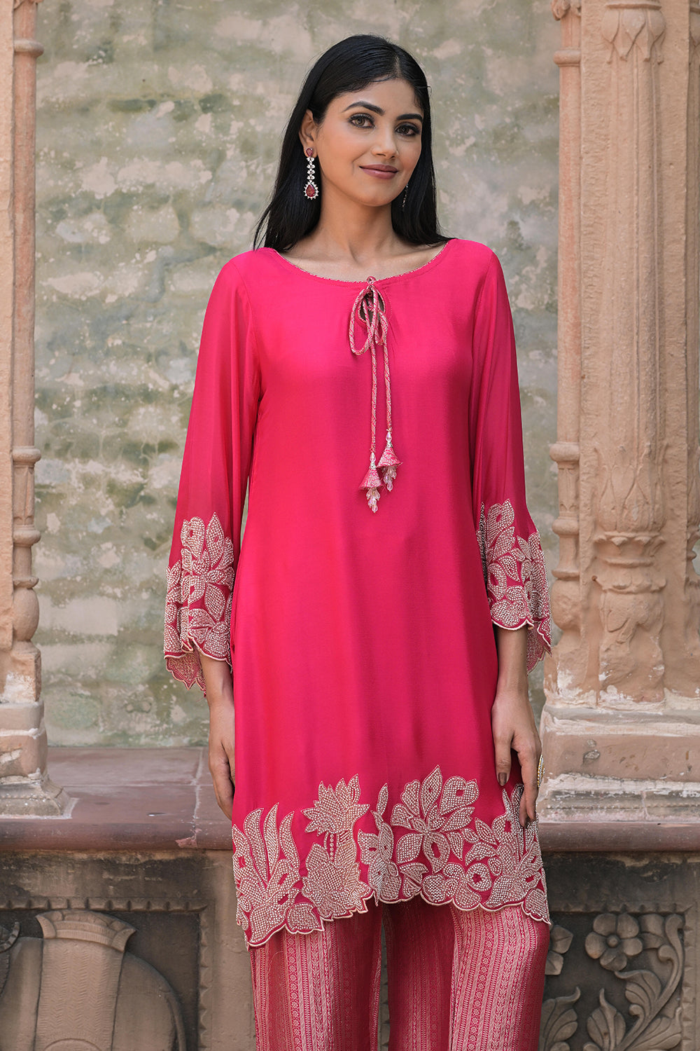 Rani Red Brocade Kurti Pant Set Elegant Party Outfit