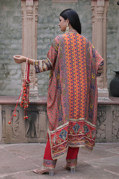 Red Crepe Kaftan Pant Set Embroidered Indian Festive Wear