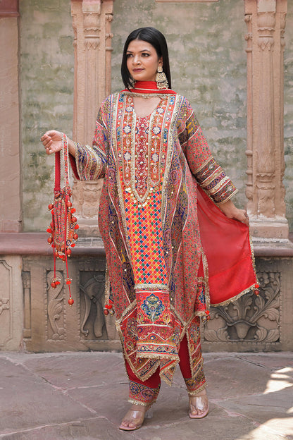 Red Crepe Kaftan Pant Set Embroidered Indian Festive Wear