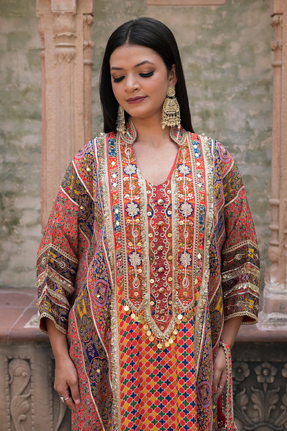 Red Crepe Kaftan Pant Set Embroidered Indian Festive Wear