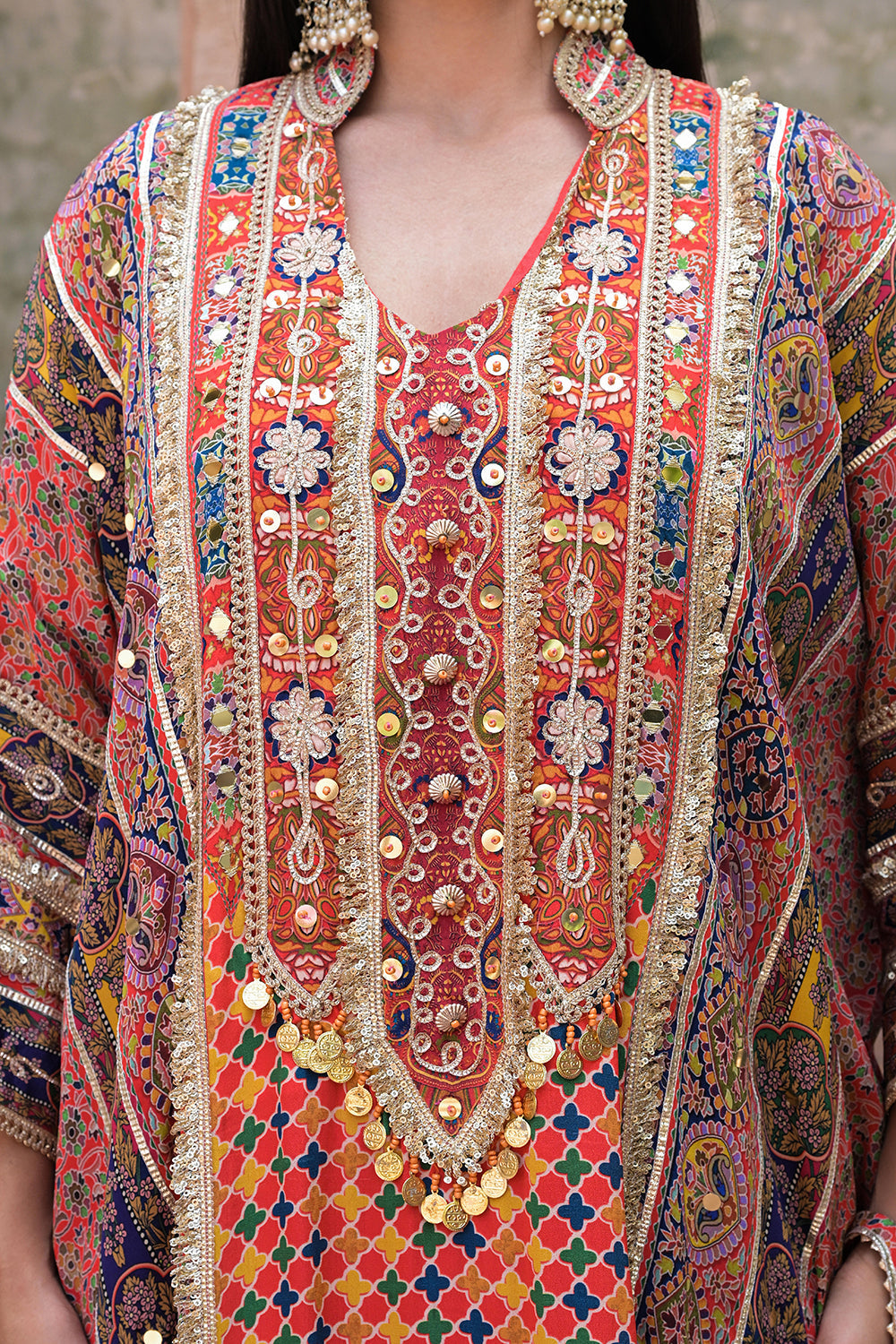 Red Crepe Kaftan Pant Set Embroidered Indian Festive Wear