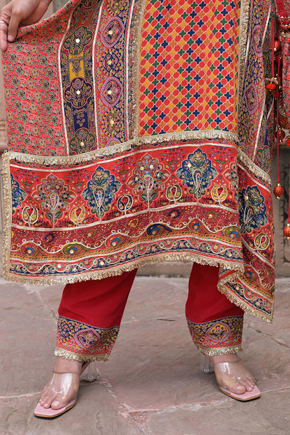 Red Crepe Kaftan Pant Set Embroidered Indian Festive Wear