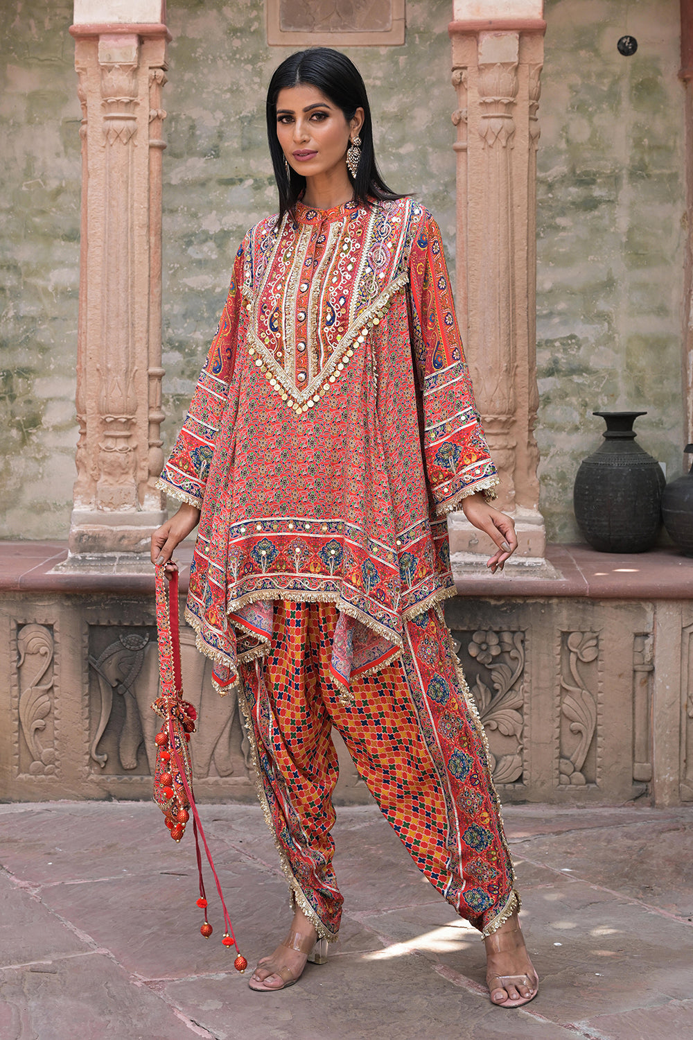 Red Viscose Crepe Suit Set with Tulip Pants – Elegant Ethnic Style