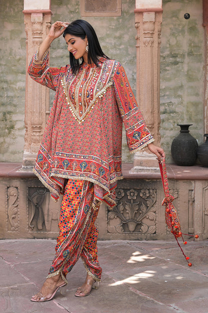Red Viscose Crepe Suit Set with Tulip Pants – Elegant Ethnic Style