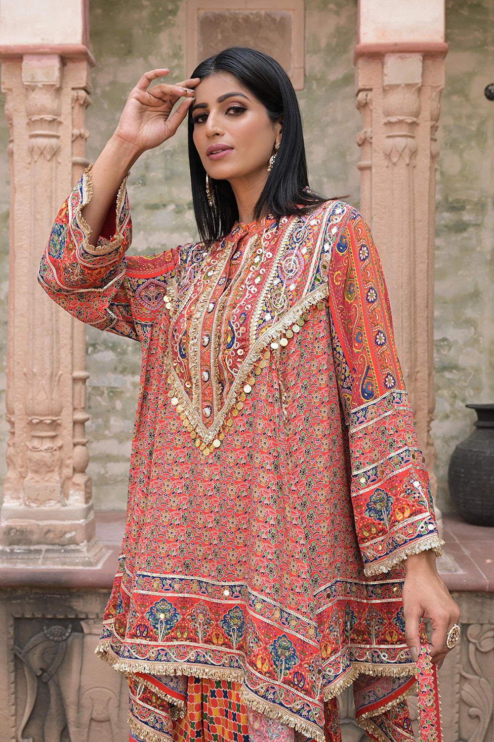 Red Viscose Crepe Suit Set with Tulip Pants – Elegant Ethnic Style