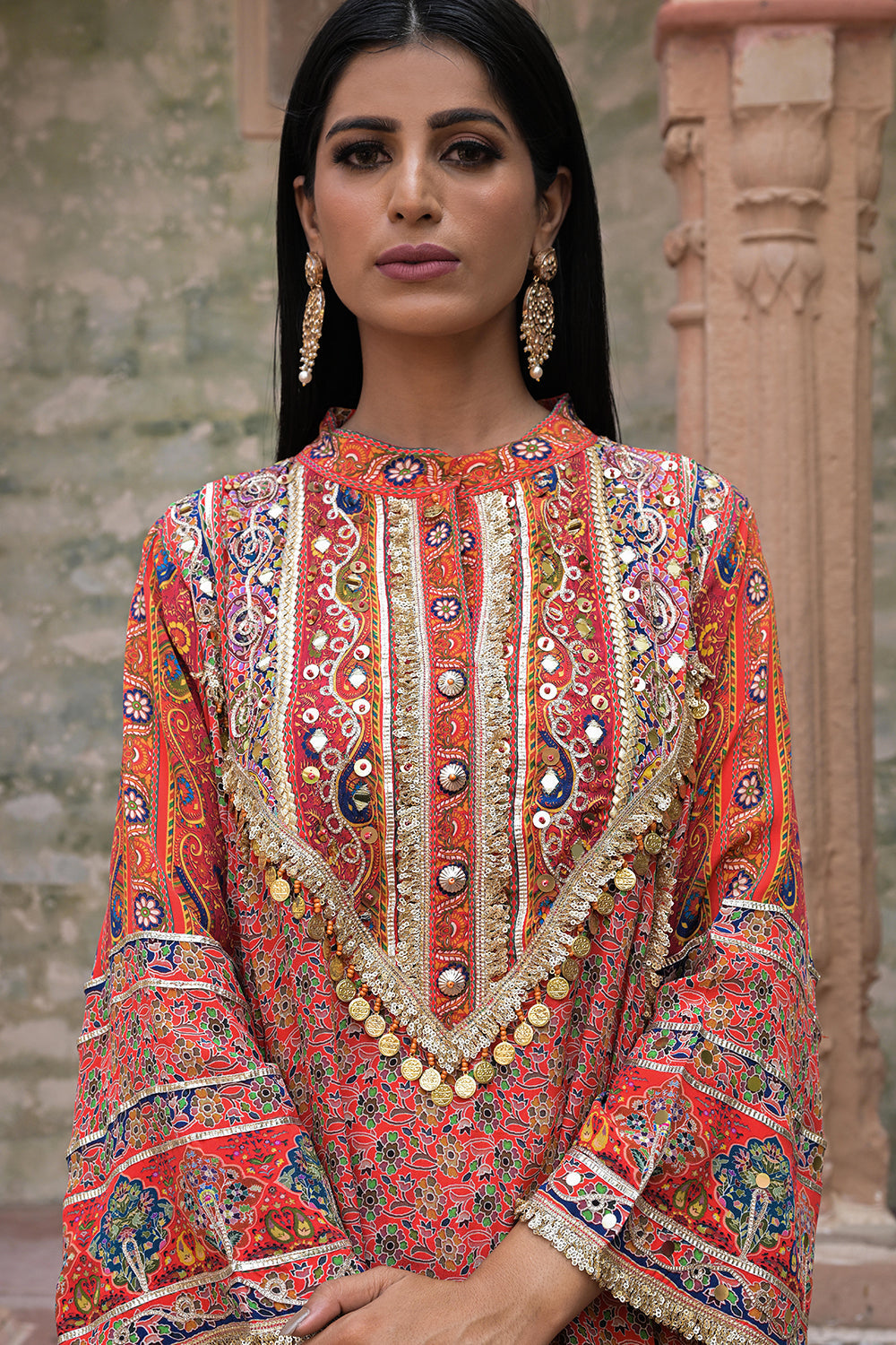 Red Viscose Crepe Suit Set with Tulip Pants – Elegant Ethnic Style