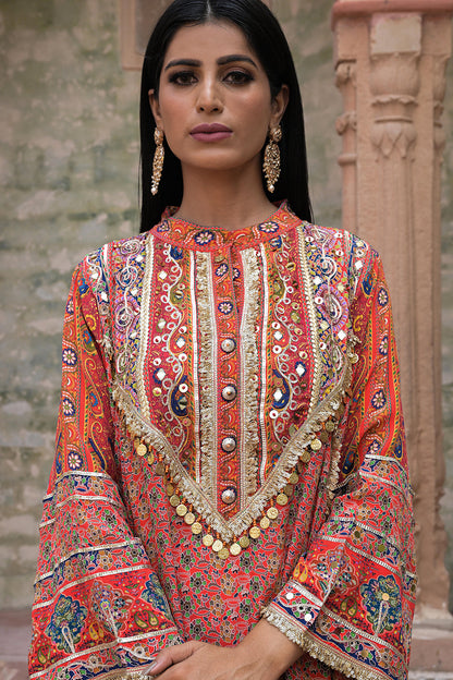 Red Viscose Crepe Suit Set with Tulip Pants – Elegant Ethnic Style