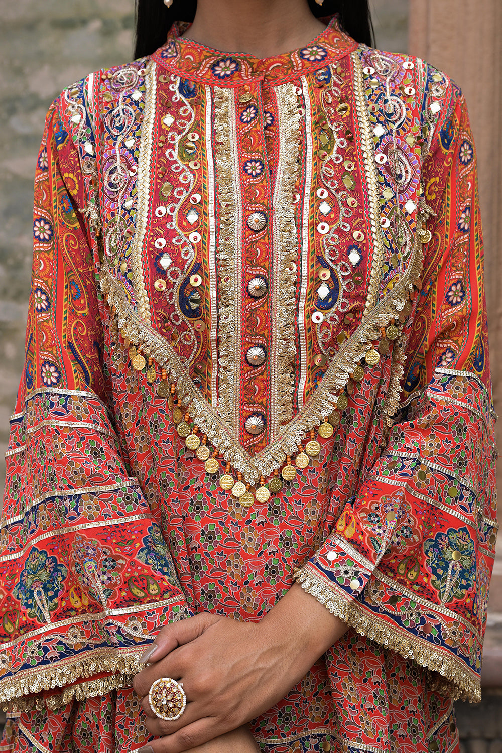 Red Viscose Crepe Suit Set with Tulip Pants – Elegant Ethnic Style