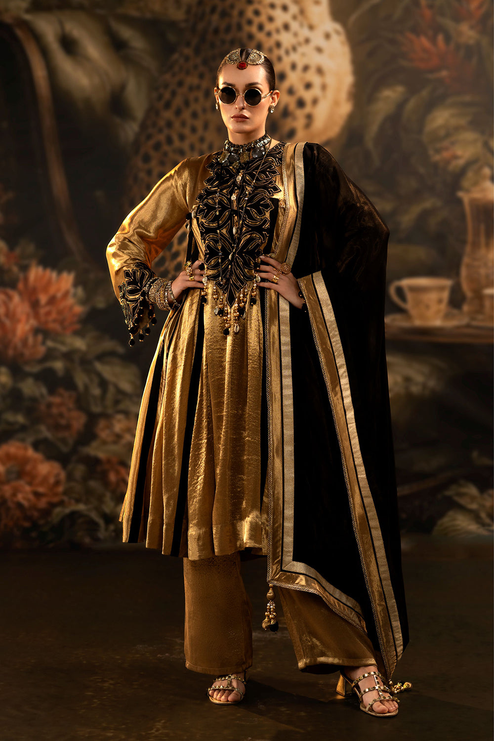 Regal Golden Banarsi Silk Tissue Kurta Set With Black Dupatta And Statement Detailing