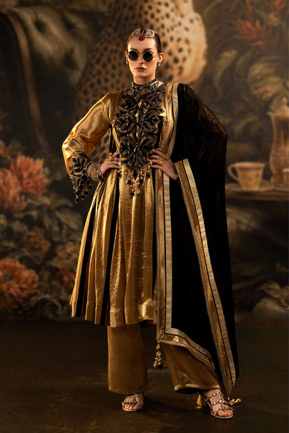 Regal Golden Banarsi Silk Tissue Kurta Set With Black Dupatta And Statement Detailing