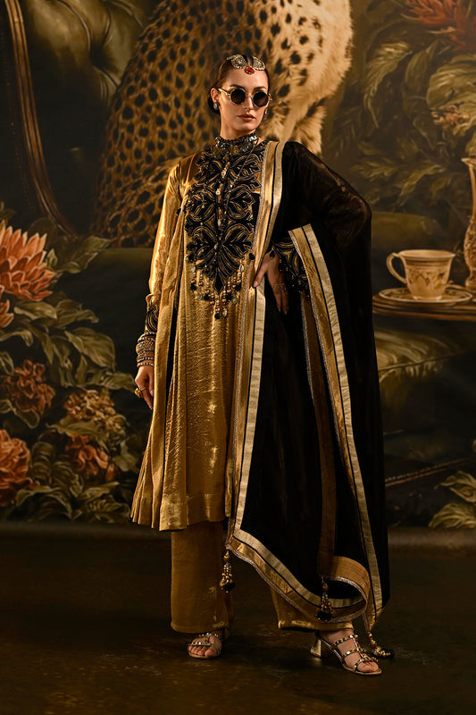 Regal Golden Banarsi Silk Tissue Kurta Set With Black Dupatta And Statement Detailing