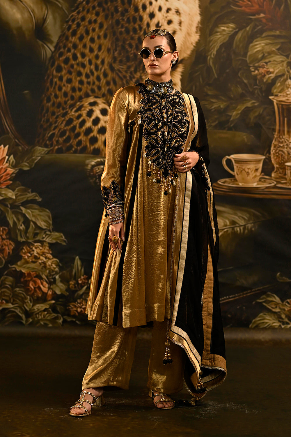 Regal Golden Banarsi Silk Tissue Kurta Set With Black Dupatta And Statement Detailing