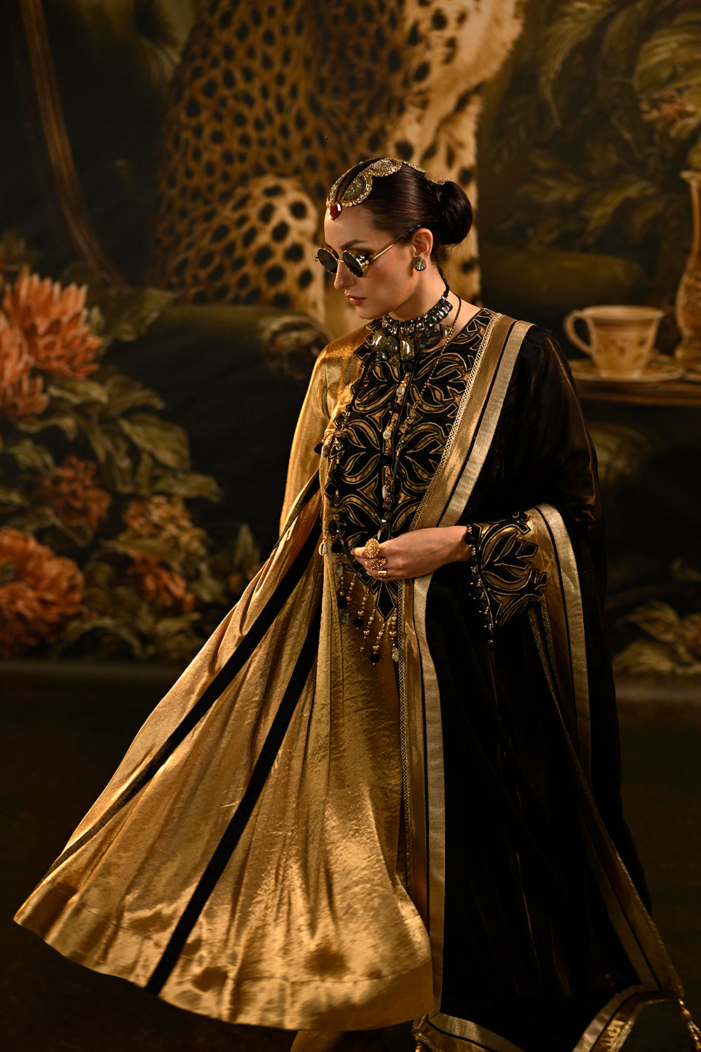 Regal Golden Banarsi Silk Tissue Kurta Set With Black Dupatta And Statement Detailing