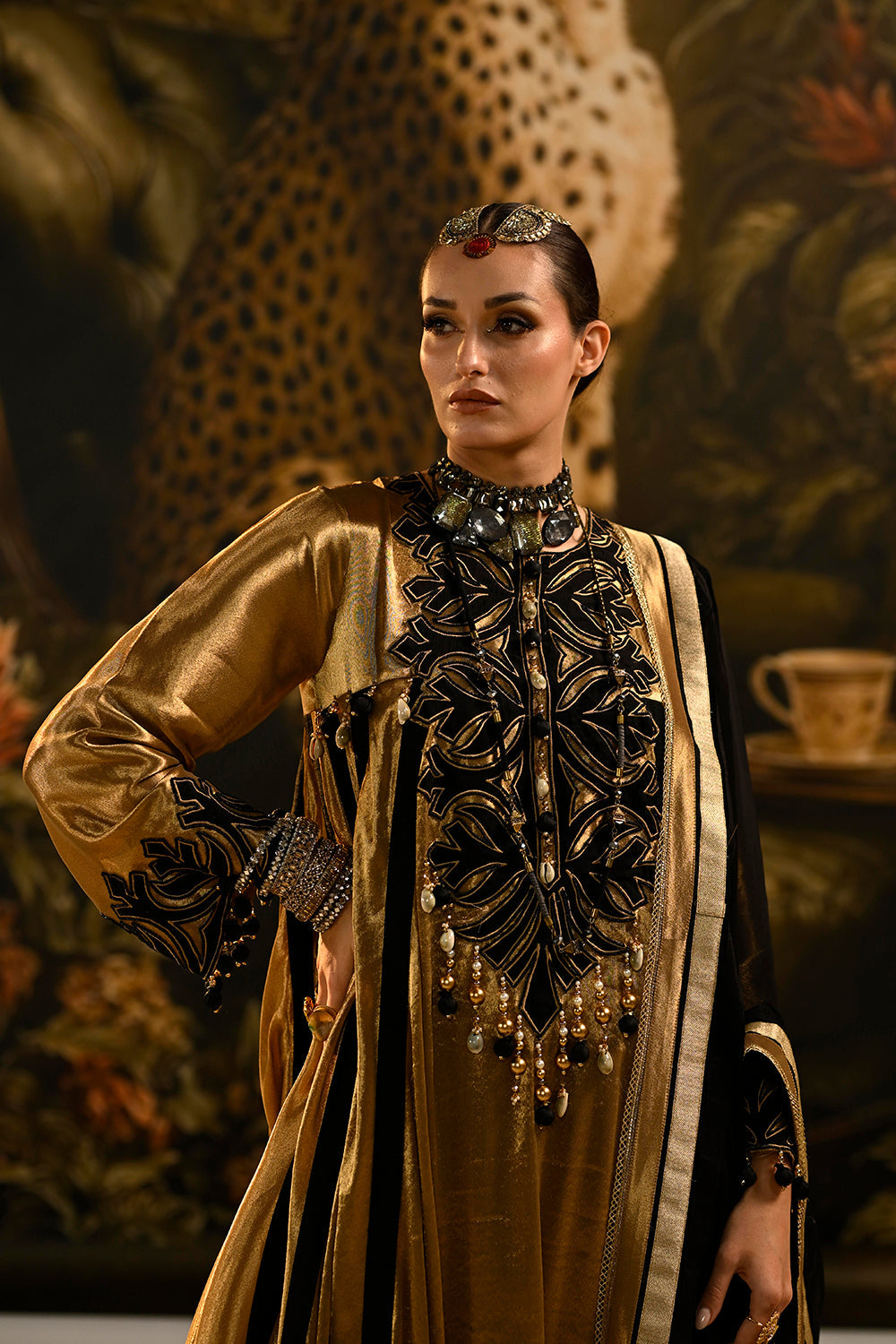 Regal Golden Banarsi Silk Tissue Kurta Set With Black Dupatta And Statement Detailing
