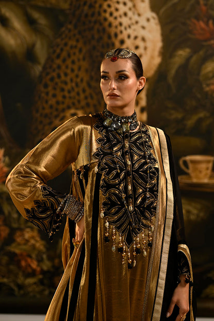 Regal Golden Banarsi Silk Tissue Kurta Set With Black Dupatta And Statement Detailing