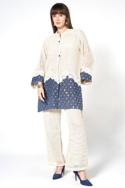 Resha Jute Fabric Lace Detail Designer Co-Ord Set Shirt Palazzo