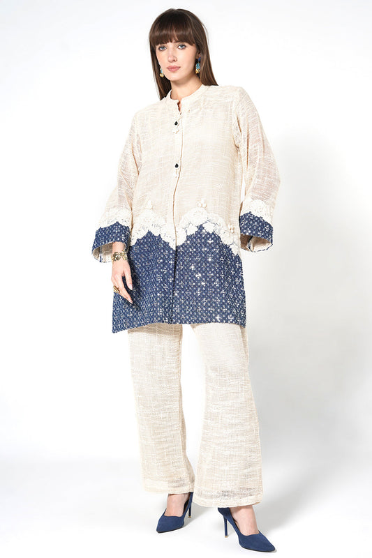 Resha Jute Fabric Lace Detail Designer Co-Ord Set Shirt Palazzo