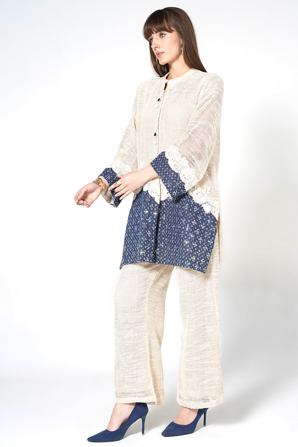 Resha Jute Fabric Lace Detail Designer Co-Ord Set Shirt Palazzo