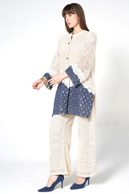 Resha Jute Fabric Lace Detail Designer Co-Ord Set Shirt Palazzo