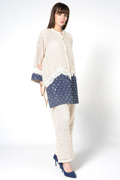 Resha Jute Fabric Lace Detail Designer Co-Ord Set Shirt Palazzo