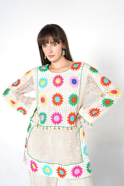 Resha Jute Fabric Multicolor Designer Co-Ord Set Artistic Crochet Outfit