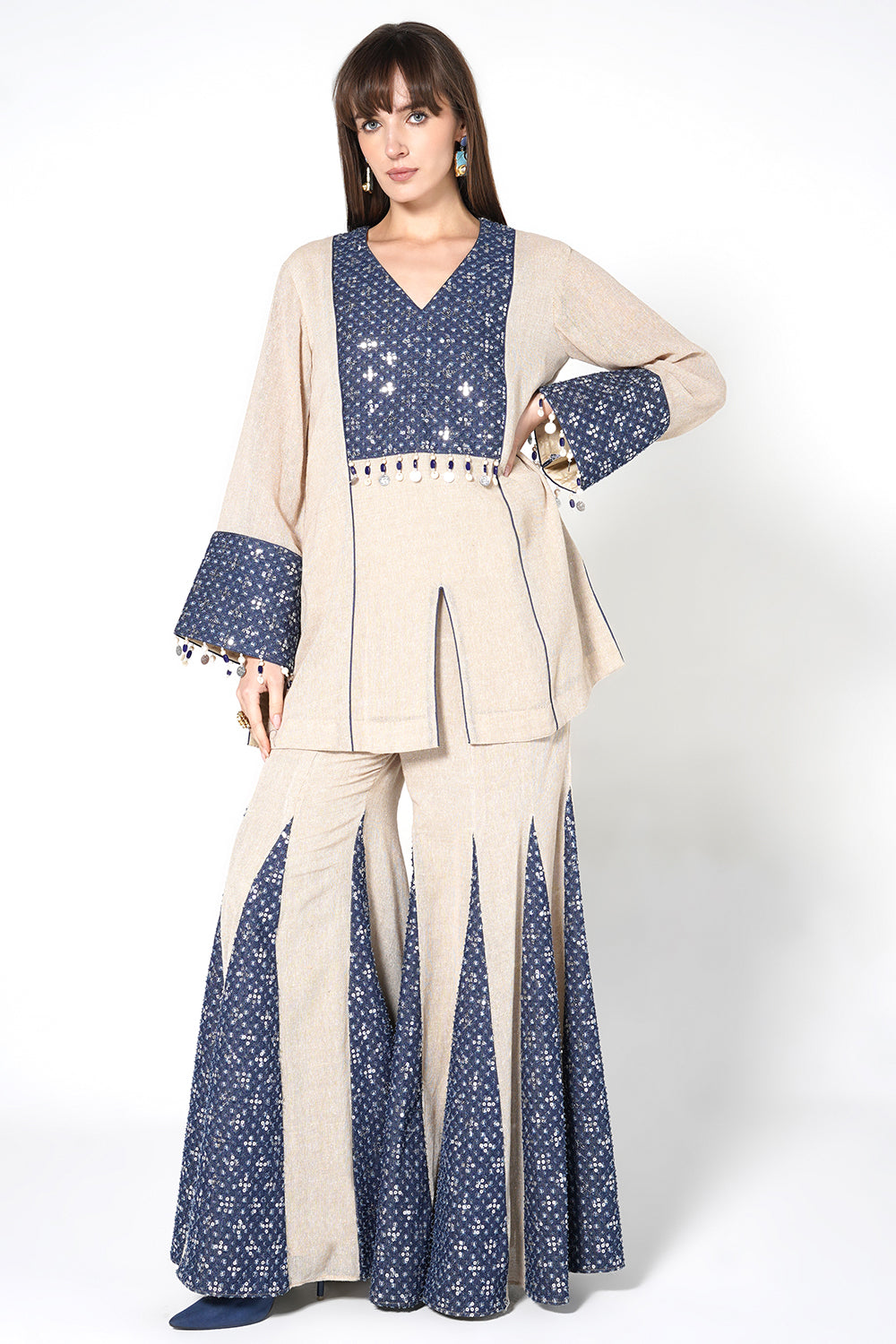 Resha Jute Fabric Panelled Designer Co-Ord Set Flared Palazzo Outfit
