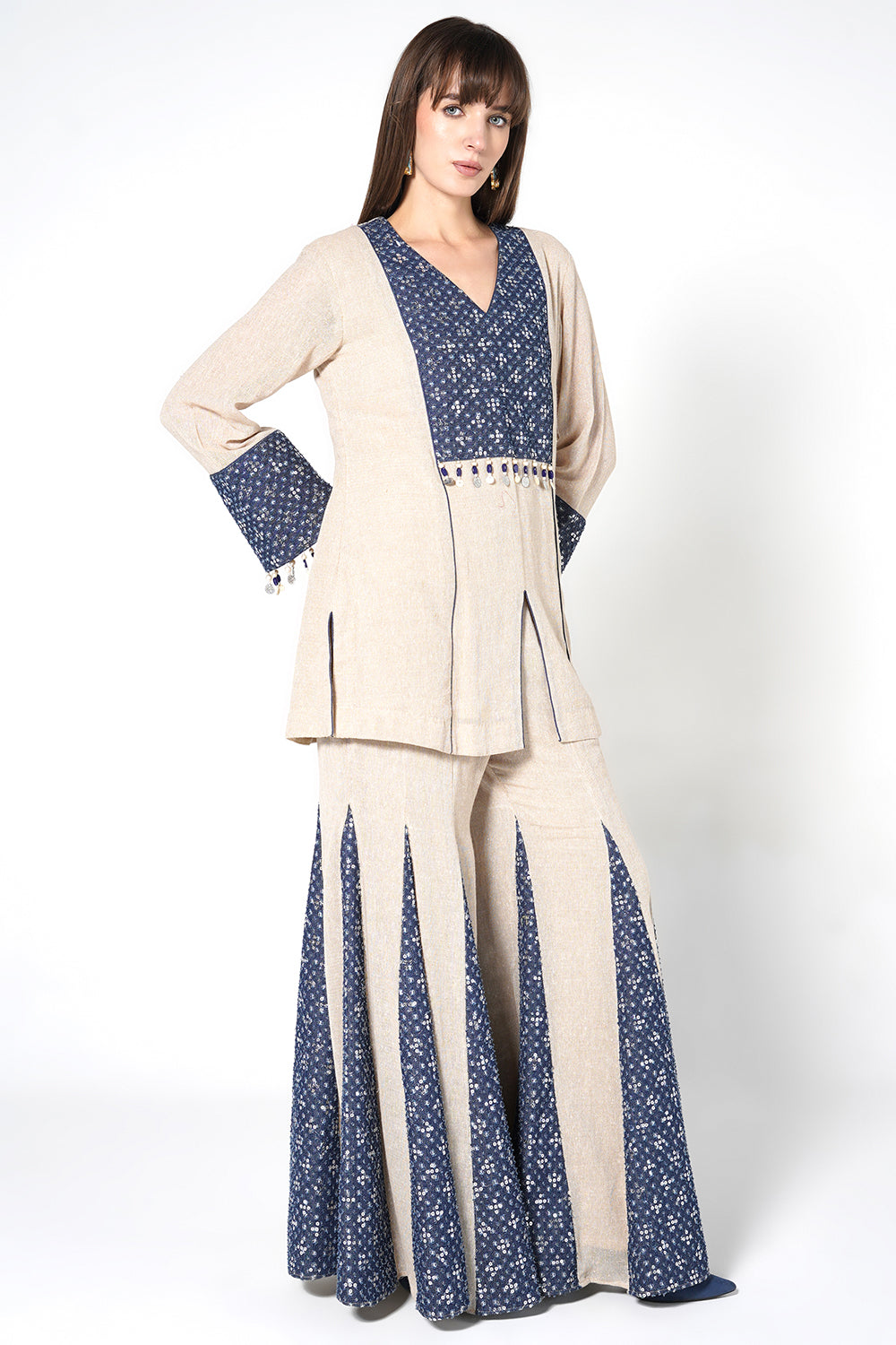 Resha Jute Fabric Panelled Designer Co-Ord Set Flared Palazzo Outfit