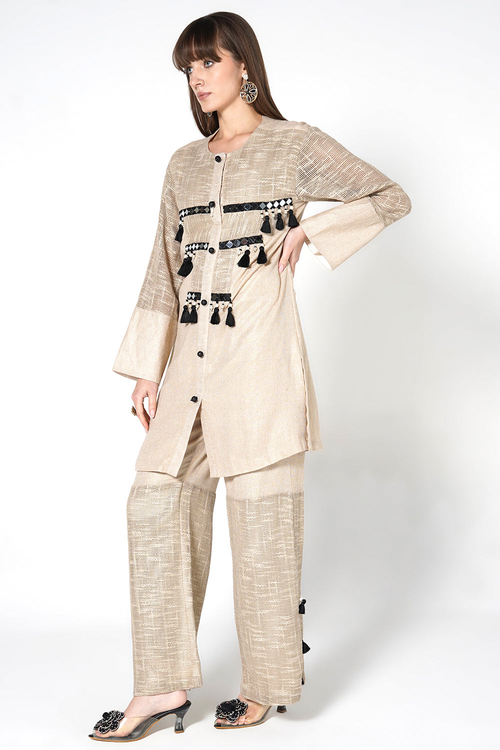 Resha Jute Fabric Statement Designer Co-Ord Set Tassel Detail Outfit