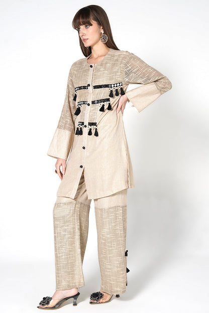 Resha Jute Fabric Statement Designer Co-Ord Set Tassel Detail Outfit