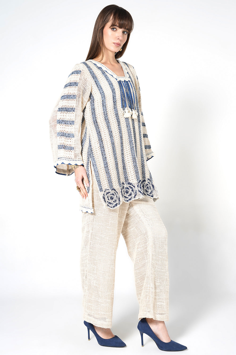 Resha Jute Fabric Striped Designer Co-Ord Set Tassel Detail Outfit