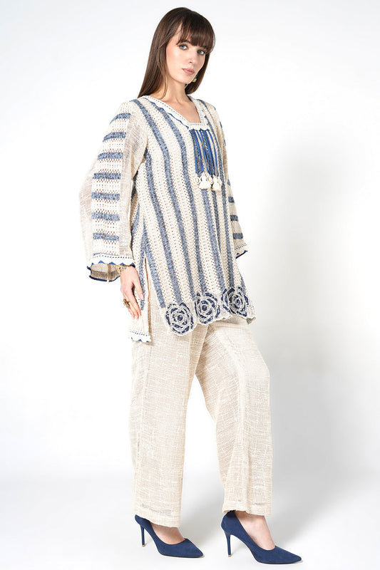 Resha Jute Fabric Striped Designer Co-Ord Set Tassel Detail Outfit