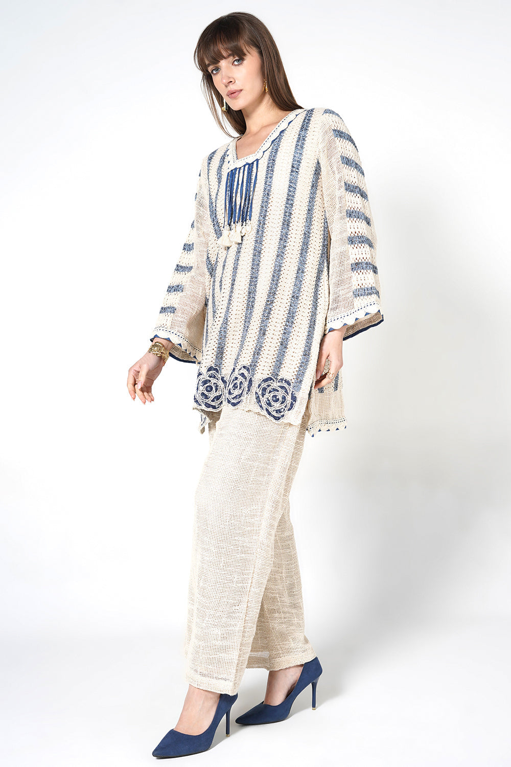 Resha Jute Fabric Striped Designer Co-Ord Set Tassel Detail Outfit