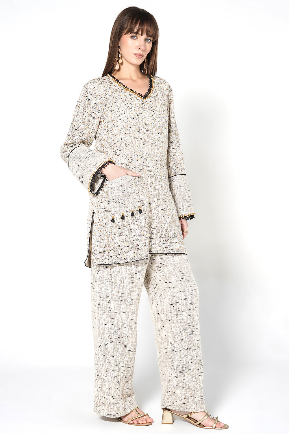 Resha Jute Fabric Textured Designer Co-Ord Set Embellished Kurta Palazzo