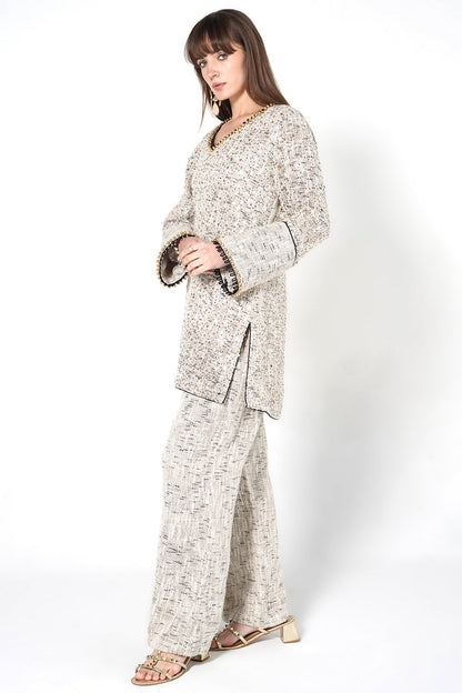 Resha Jute Fabric Textured Designer Co-Ord Set Embellished Kurta Palazzo