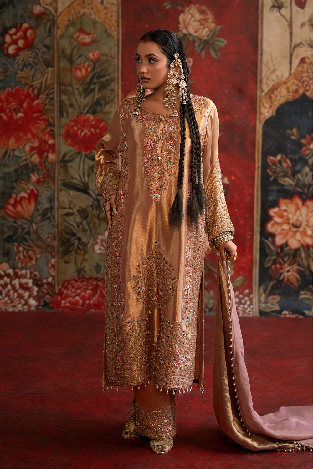 Rose Gold Banarsi Silk Tissue Kurta Set With Embroidered Detailing And Draped Dupatta