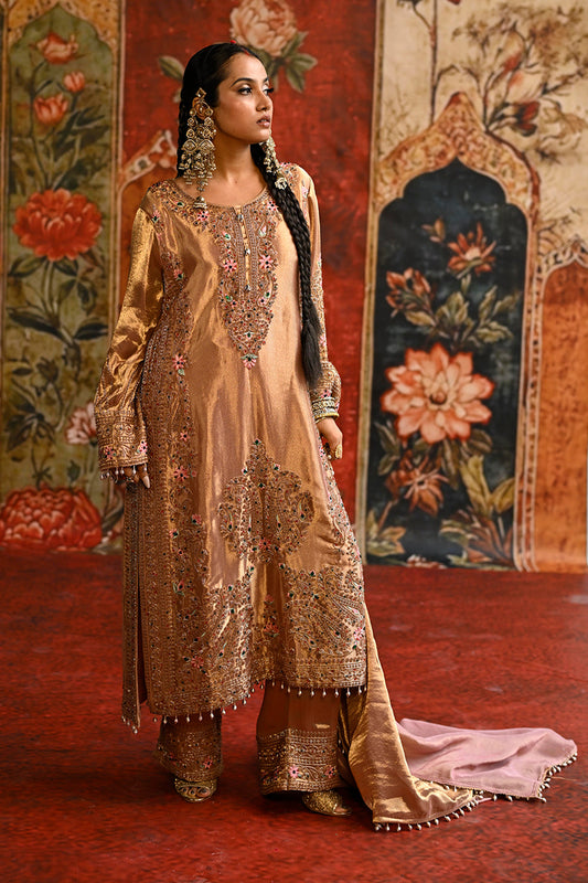 Rose Gold Banarsi Silk Tissue Kurta Set With Embroidered Detailing And Draped Dupatta