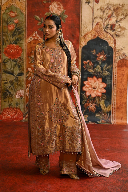 Rose Gold Banarsi Silk Tissue Kurta Set With Embroidered Detailing And Draped Dupatta