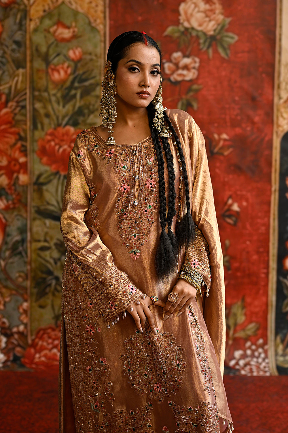 Rose Gold Banarsi Silk Tissue Kurta Set With Embroidered Detailing And Draped Dupatta
