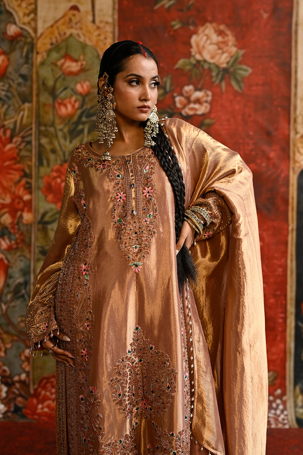 Rose Gold Banarsi Silk Tissue Kurta Set With Embroidered Detailing And Draped Dupatta